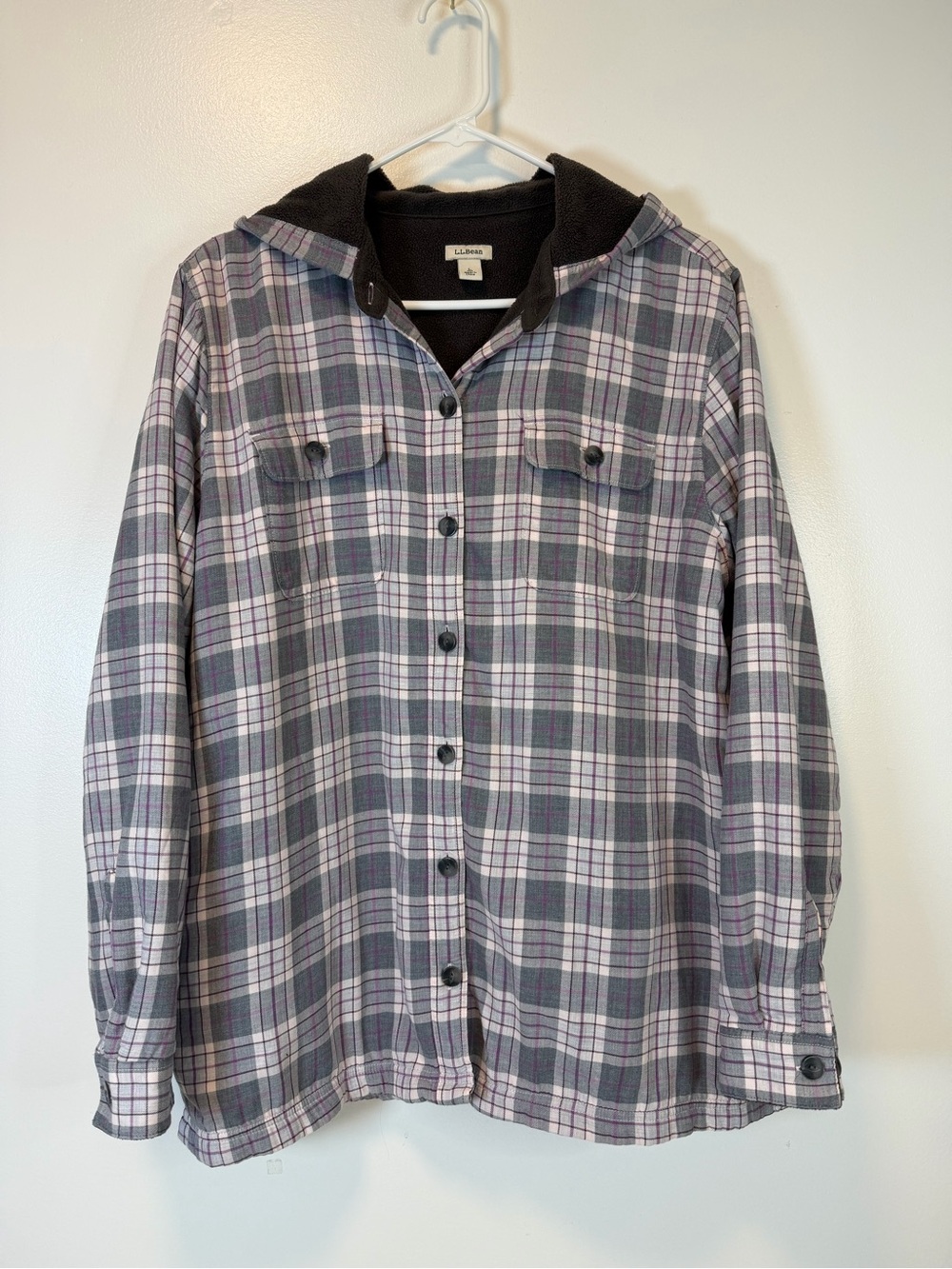 L.L. Bean Gray and Purple Plaid Fleece Lined Button-Down Hoodie Women’s Large